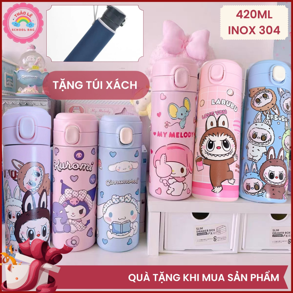 Bình giữ nhiệt cho bé đi học 420ML INOX 304 bình nước trẻ em siêu dễ thương kitty labubu kuromi có quà tặng kèm TL2333