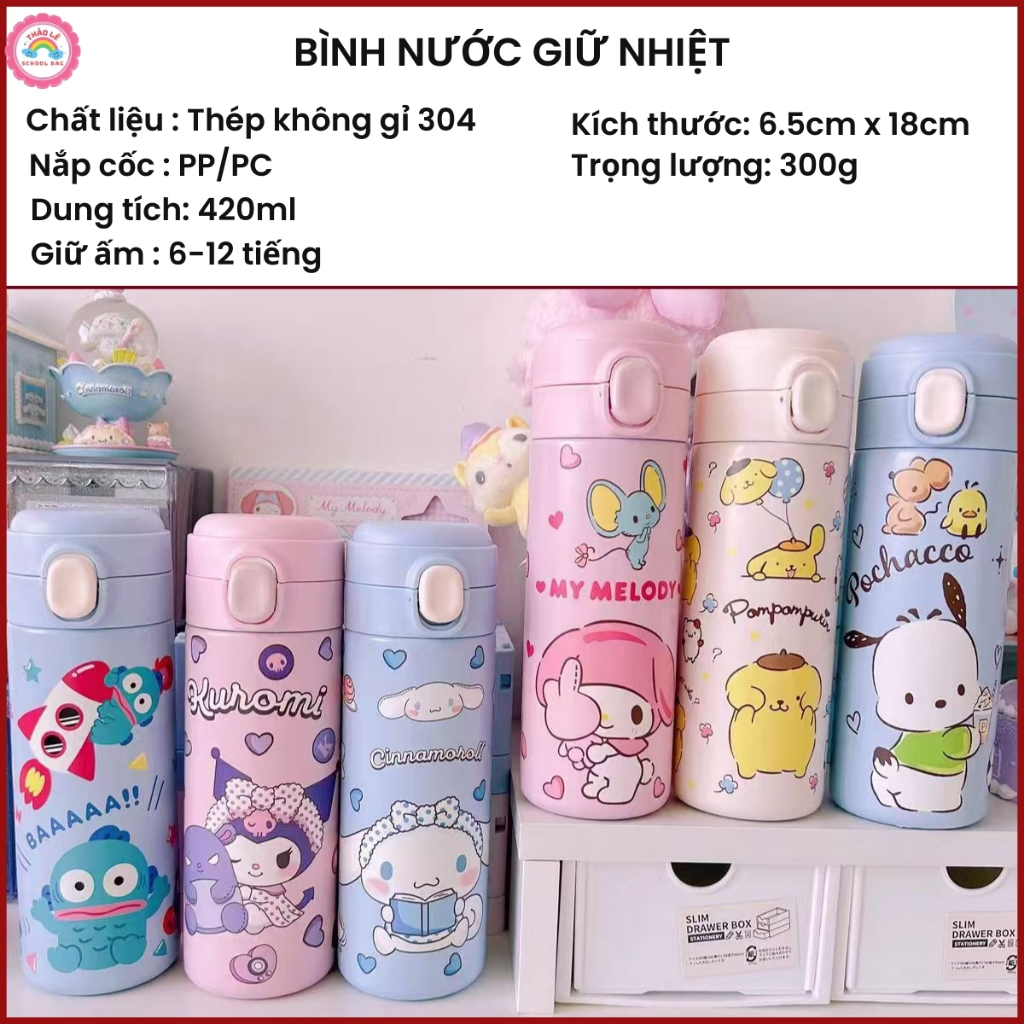 Bình giữ nhiệt cho bé đi học 420ML INOX 304 bình nước trẻ em siêu dễ thương kitty labubu kuromi có quà tặng kèm TL2333