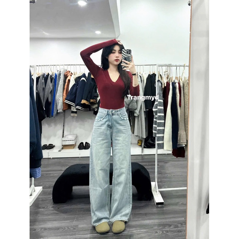 Quần jeans dáng ống suông dài trơn viền túi rách nhỏ new 2025 hàng Qc ...