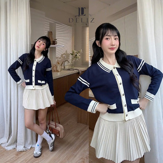 Cardigan nữ dài tay cổ đức xanh than phối trắng len lông thỏ mịn tiểu thư thanh lịch DELIZ CD846
