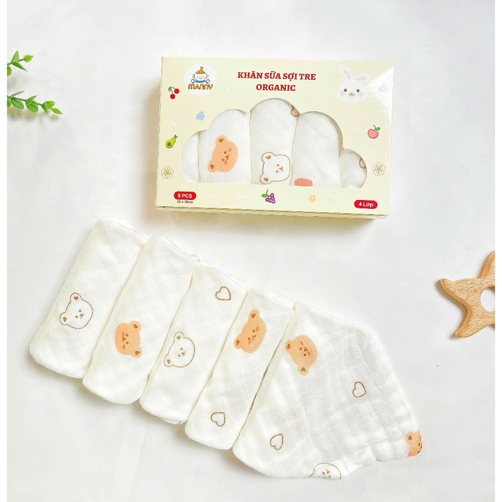 Hộp 5 Khăn Sữa Sợi Tre Organic 4 Lớp Cao Cấp Manny Kháng Khuẩn, Mềm Mịn Và Thấm Hút Cho Bé HC019