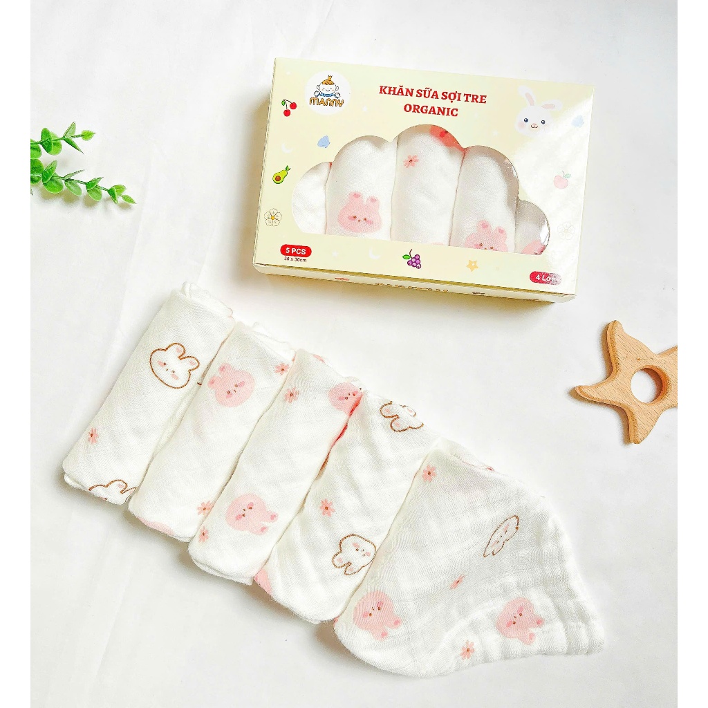 Hộp 5 Khăn Sữa Sợi Tre Organic 4 Lớp Cao Cấp Manny Kháng Khuẩn, Mềm Mịn Và Thấm Hút Cho Bé HC019