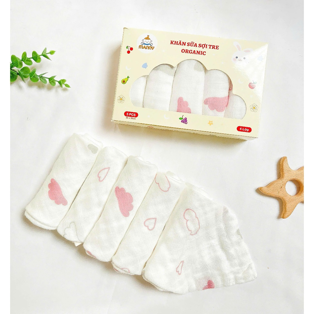 Hộp 5 Khăn Sữa Sợi Tre Organic 4 Lớp Cao Cấp Manny Kháng Khuẩn, Mềm Mịn Và Thấm Hút Cho Bé HC019