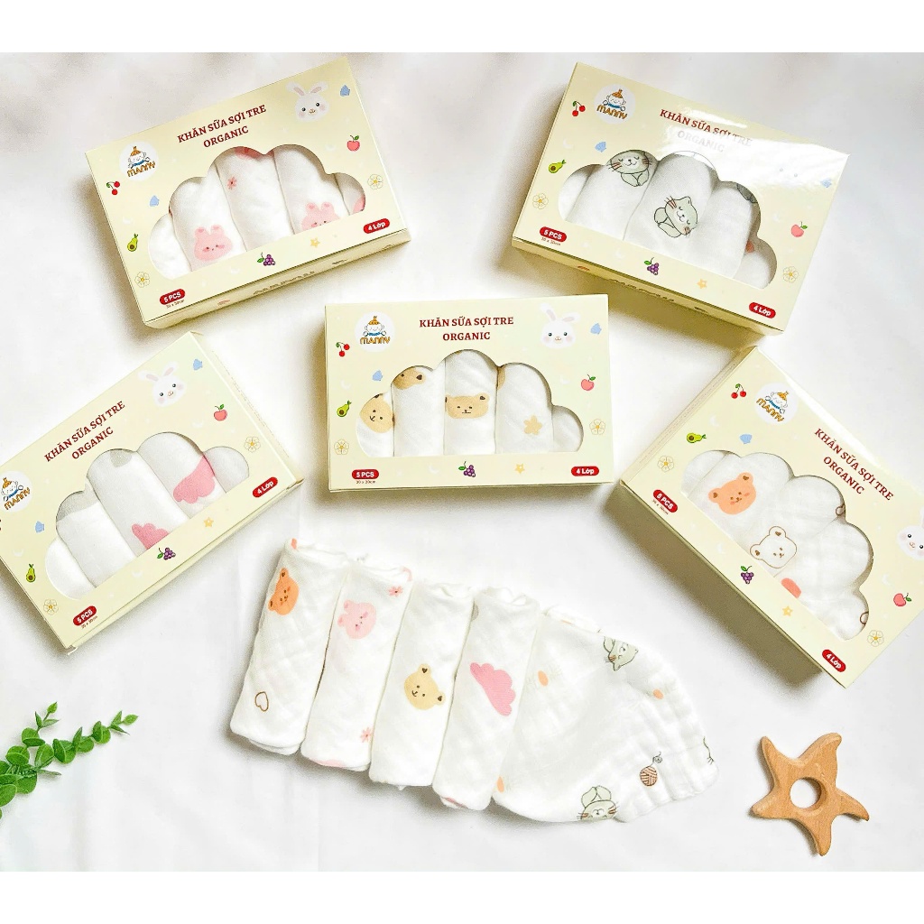 Hộp 5 Khăn Sữa Sợi Tre Organic 4 Lớp Cao Cấp Manny Kháng Khuẩn, Mềm Mịn Và Thấm Hút Cho Bé HC019
