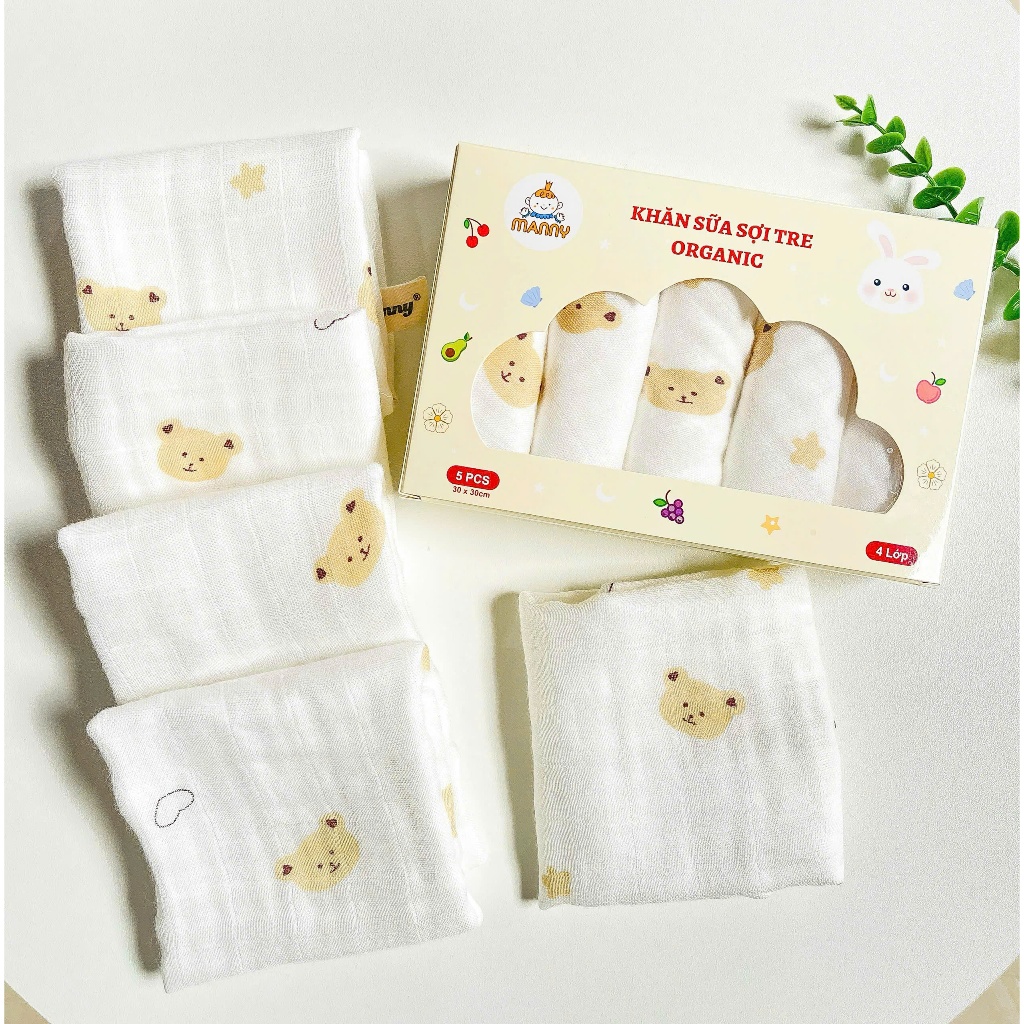 Hộp 5 Khăn Sữa Sợi Tre Organic 4 Lớp Cao Cấp Manny Kháng Khuẩn, Mềm Mịn Và Thấm Hút Cho Bé HC019