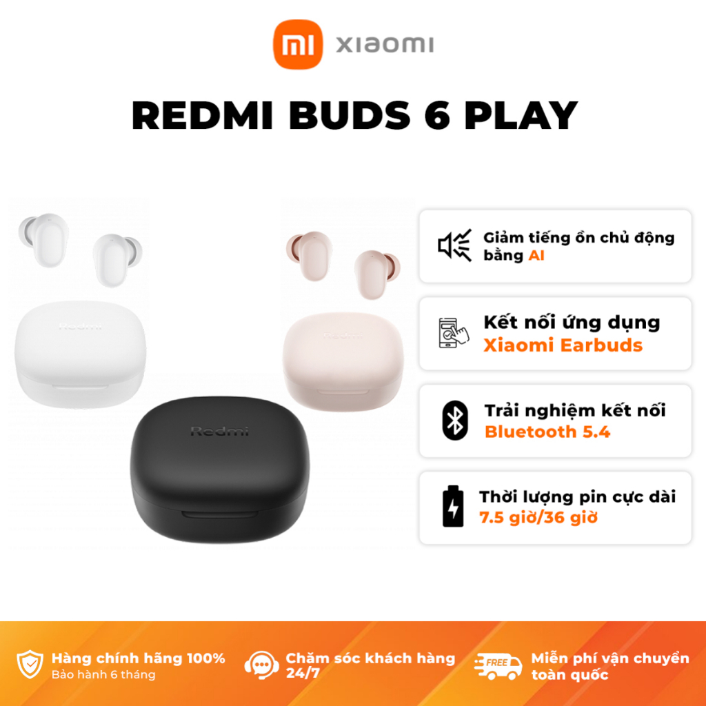 Ảnh Tai Nghe Bluetooth Xiaomi Redmi Buds 6 Play | Giảm Tiếng Ồn | Thời Lượng Pin 36h - Bảo Hành 12 Tháng (Không kèm sạc) 2