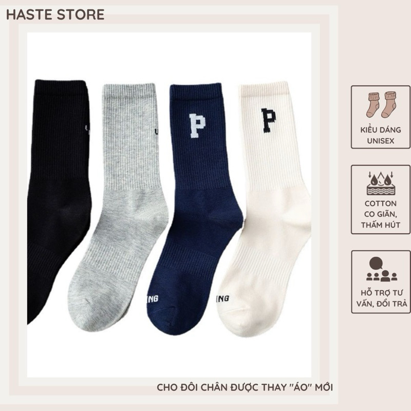 Tất Vớ Cổ Cao Nam Nữ Hàn Quốc Chữ P Phong Cách Thể Thao Học Sinh Chất Vải Cotton Thoáng Mát Khử Mùi