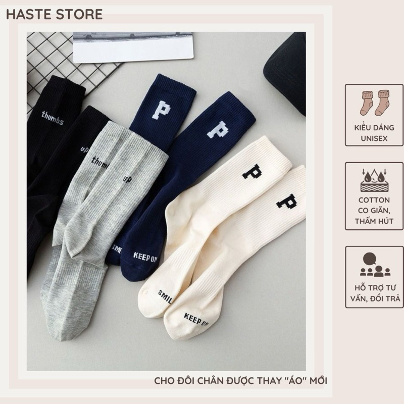 Tất Vớ Cổ Cao Nam Nữ Hàn Quốc Chữ P Phong Cách Thể Thao Học Sinh Chất Vải Cotton Thoáng Mát Khử Mùi