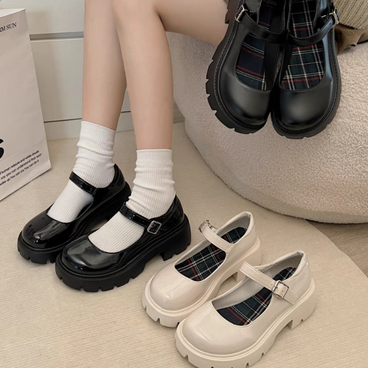 🔥Còn hàng🔥Giày búp bê nữ 5 phân Giày lolita đế cao 5cm Màu đen bóng và màu trắng mờ