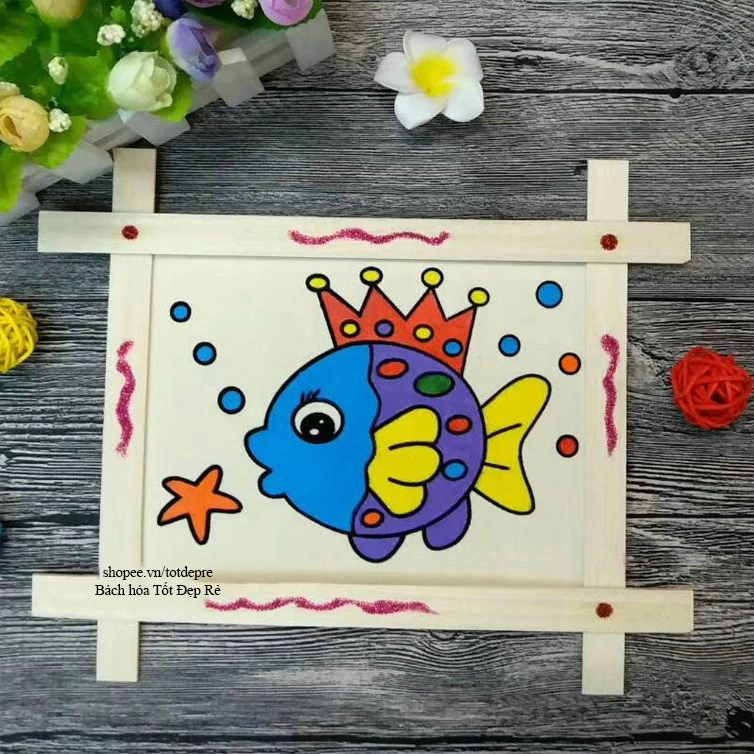 Tô màu Tranh gỗ có hình TẶNG vỉ 6 màu và bút cọ cho bé tập tô màu
