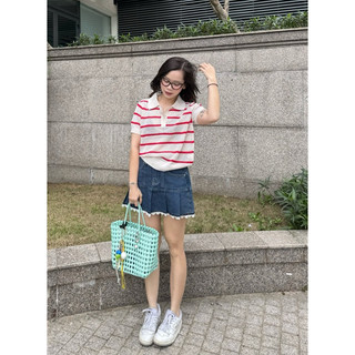 MIDDUA - VJ051 Váy denim xếp ly phối viền ren