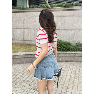 MIDDUA - VJ051 Váy denim xếp ly phối viền ren