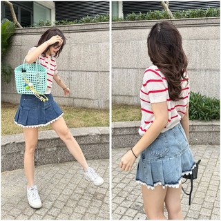 MIDDUA - VJ051 Váy denim xếp ly phối viền ren