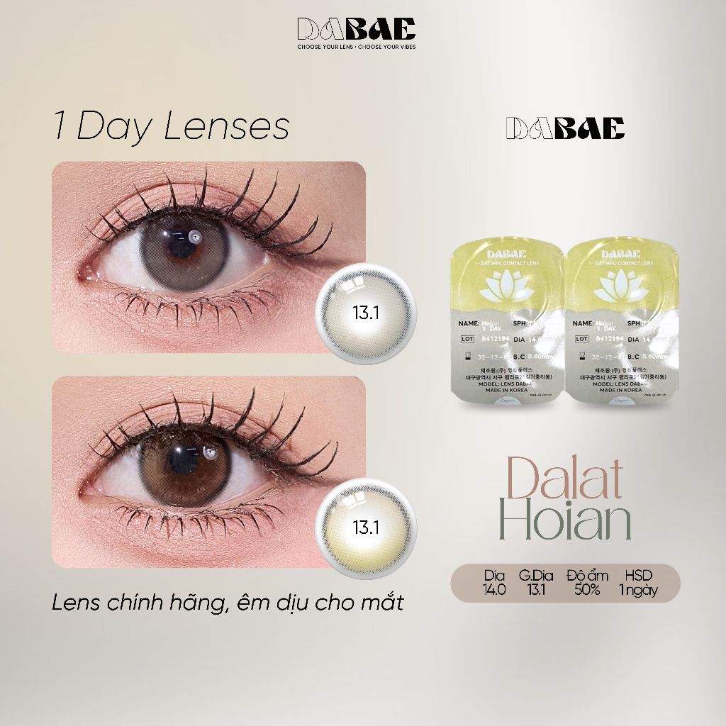 Lens 1 ngày có màu DABAE kính áp tròng nâu tự nhiên / xám tráng gương DIA 14mm độ 0-8 DALAT-HOIAN