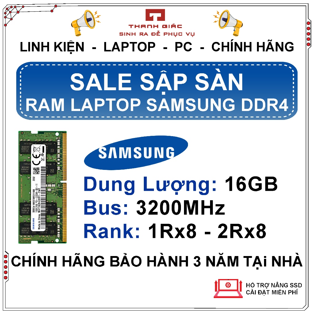 Ram DDR4 Laptop 16GB Samsung Bus 3200MHz Bảo Hành Năm