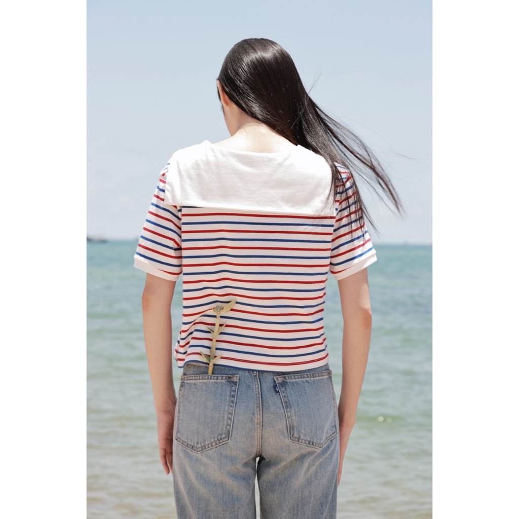 Ảnh TheBlueTshirt - Áo thun sọc cổ V viền trắng thắt nơ cho nữ - Sailor T - Women 4