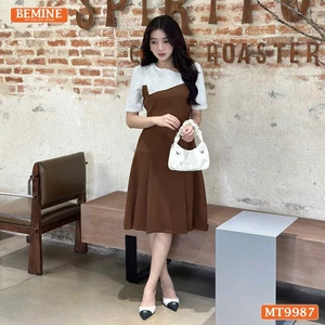 Đầm thiết kế BEMINE cổ V phối cách điệu dáng chữ A tùng xếp ly phù hợp đi làm, đi chơi-MT9987
