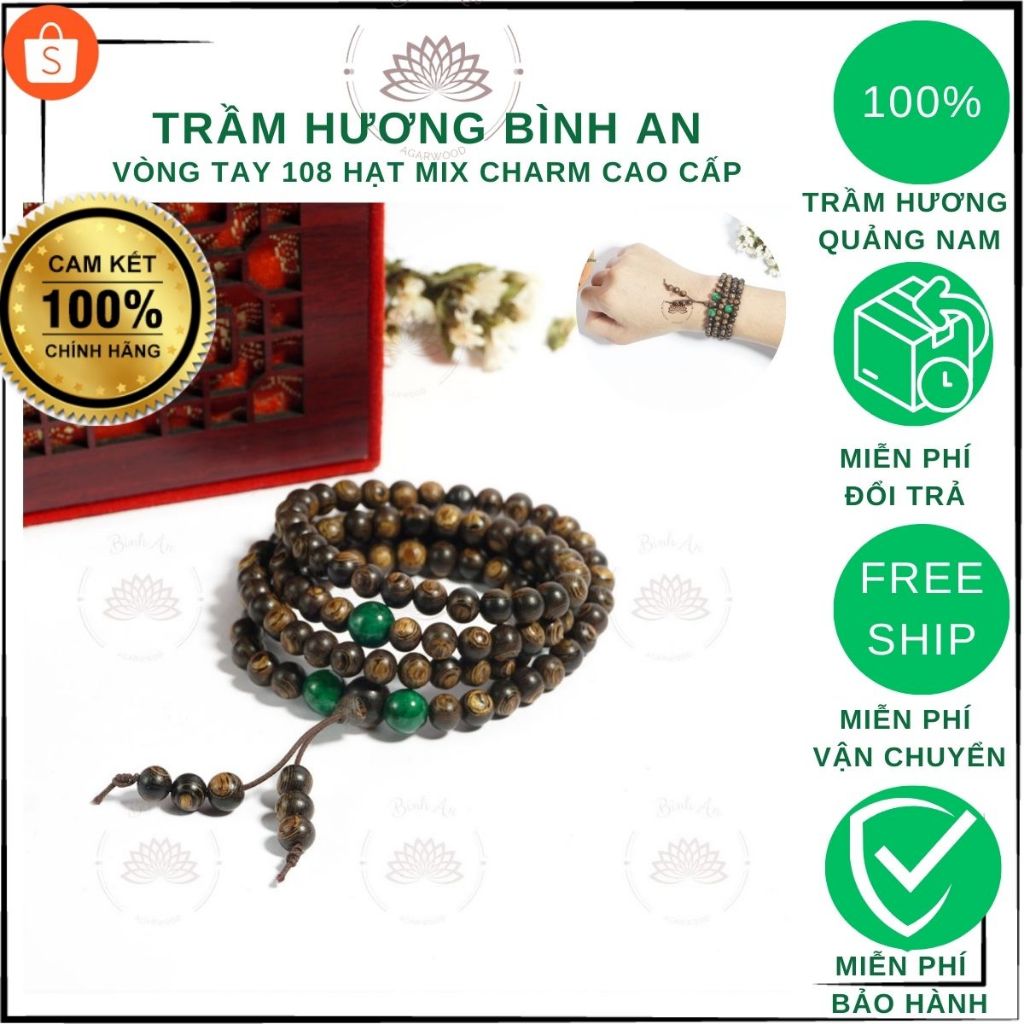 Vòng Tay Trầm Hương 108 Hạt Sánh Chìm mi.x Char.m - Chuỗi Tràng Hạt - Trầm Hương Tự Nhiên size 8 ly