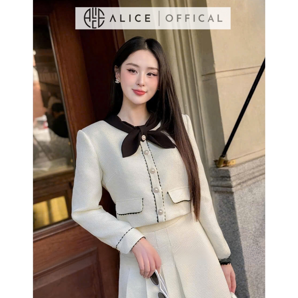 Set Váy Nữ Dạ Gạo Cao Cấp Alice, Áo Dáng Ngắn, Tay Áo Dài Cổ Thắt Nơ, Váy Dài Xếp Ly 1 Bên Thanh Lịch T19