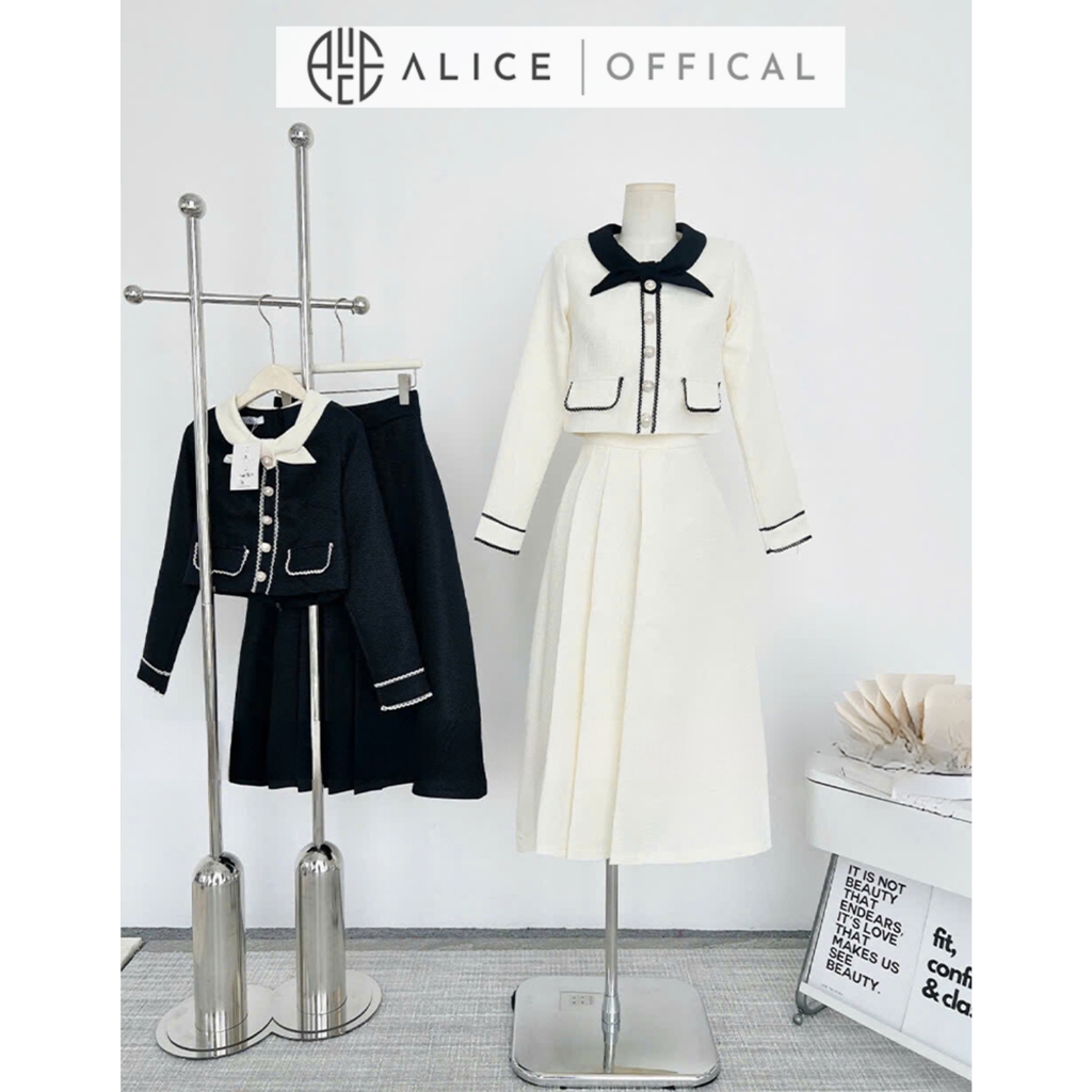 Set Váy Nữ Dạ Gạo Cao Cấp Alice, Áo Dáng Ngắn, Tay Áo Dài Cổ Thắt Nơ, Váy Dài Xếp Ly 1 Bên Thanh Lịch T19