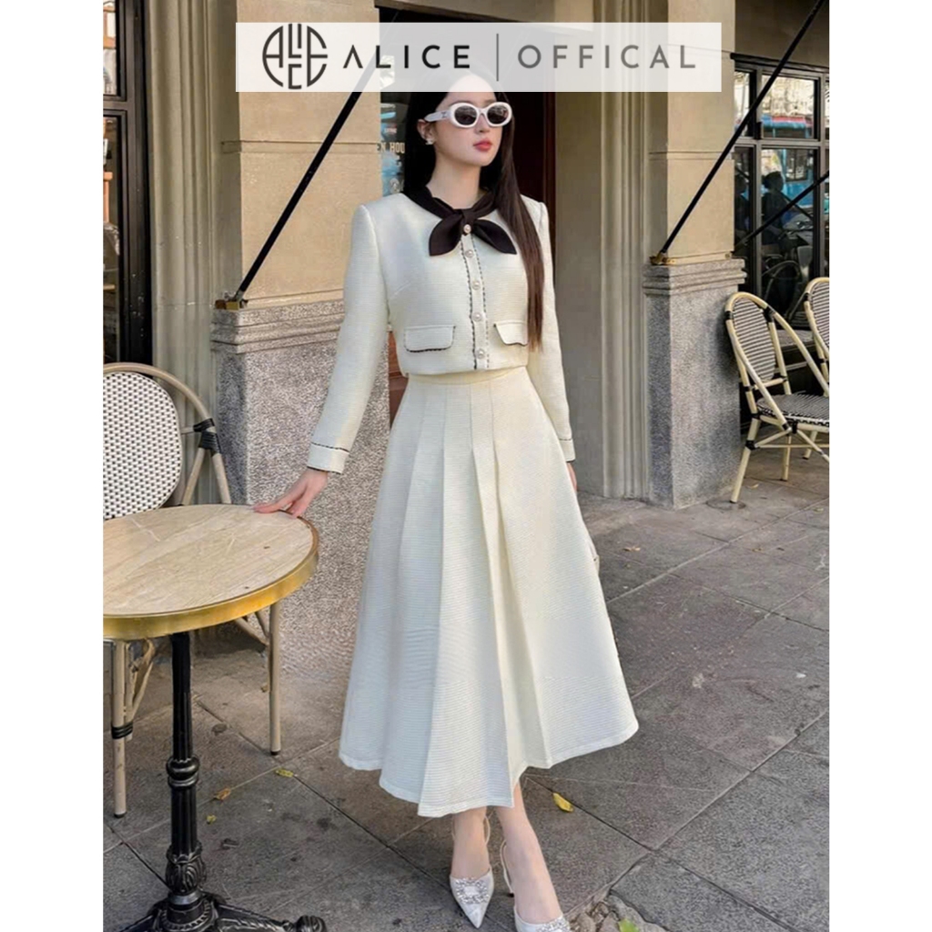 Set Váy Nữ Dạ Gạo Cao Cấp Alice, Áo Dáng Ngắn, Tay Áo Dài Cổ Thắt Nơ, Váy Dài Xếp Ly 1 Bên Thanh Lịch T19