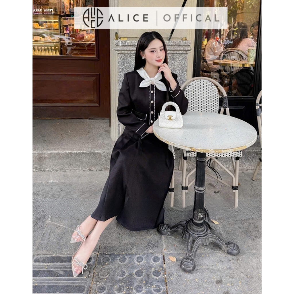 Set Váy Nữ Dạ Gạo Cao Cấp Alice, Áo Dáng Ngắn, Tay Áo Dài Cổ Thắt Nơ, Váy Dài Xếp Ly 1 Bên Thanh Lịch T19