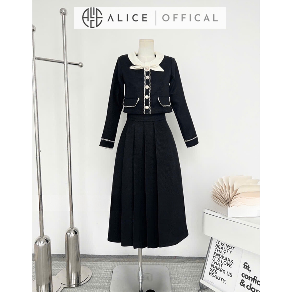 Set Váy Nữ Dạ Gạo Cao Cấp Alice, Áo Dáng Ngắn, Tay Áo Dài Cổ Thắt Nơ, Váy Dài Xếp Ly 1 Bên Thanh Lịch T19