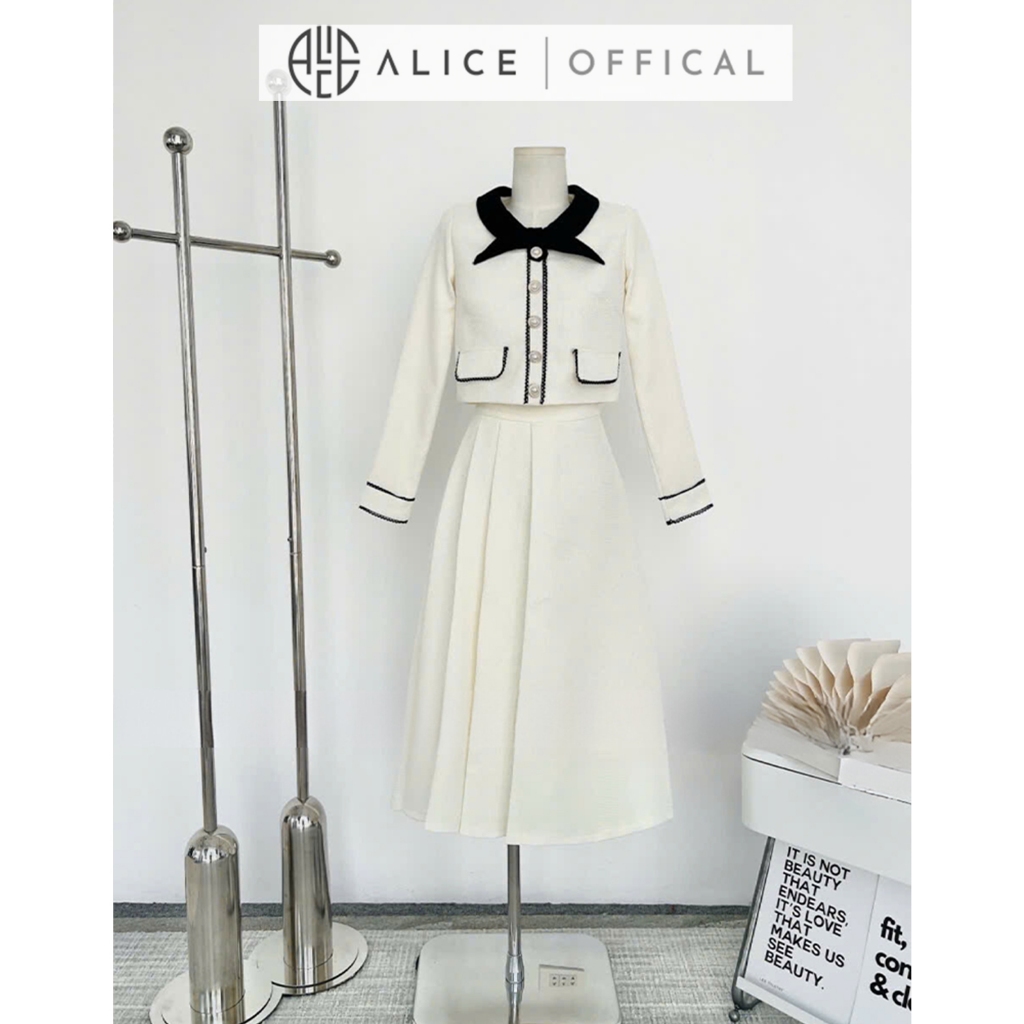 Set Váy Nữ Dạ Gạo Cao Cấp Alice, Áo Dáng Ngắn, Tay Áo Dài Cổ Thắt Nơ, Váy Dài Xếp Ly 1 Bên Thanh Lịch T19