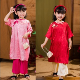 Set áo dài bé gái màu hồng chất lụa gấm cao cấp vân nổi màu đỏ chơi tết, lễ hội size đại 43kg DA02 - BIATONKIDS