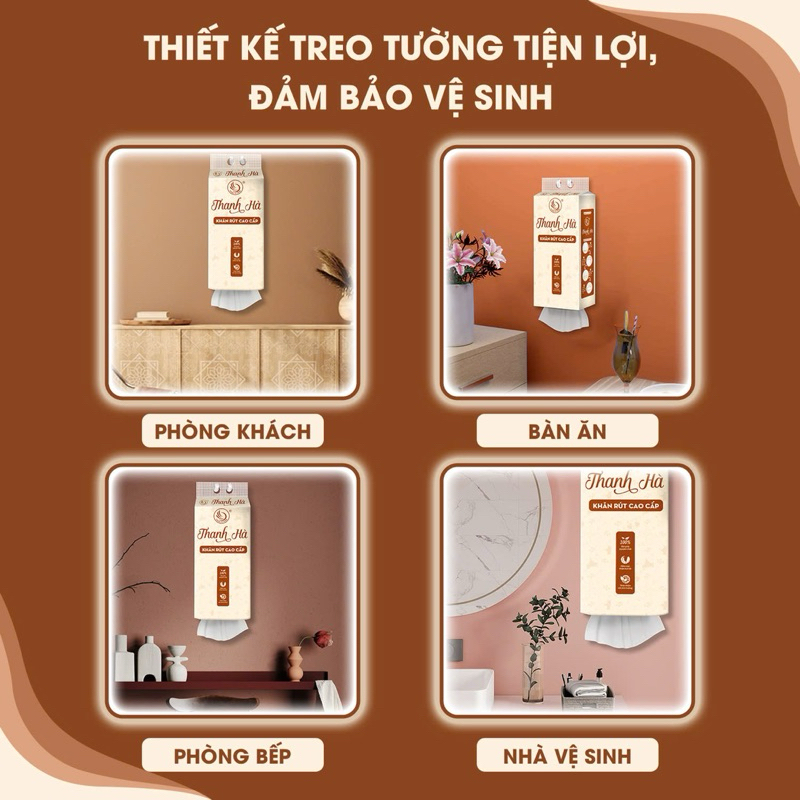 Nâu, ComBo 6 Bịch, Giấy Rút Treo Tường Thanh Hà, 1280 tờ 4 lớp, Tặng 2 Móc Treo Đôi, 140mmx175mm