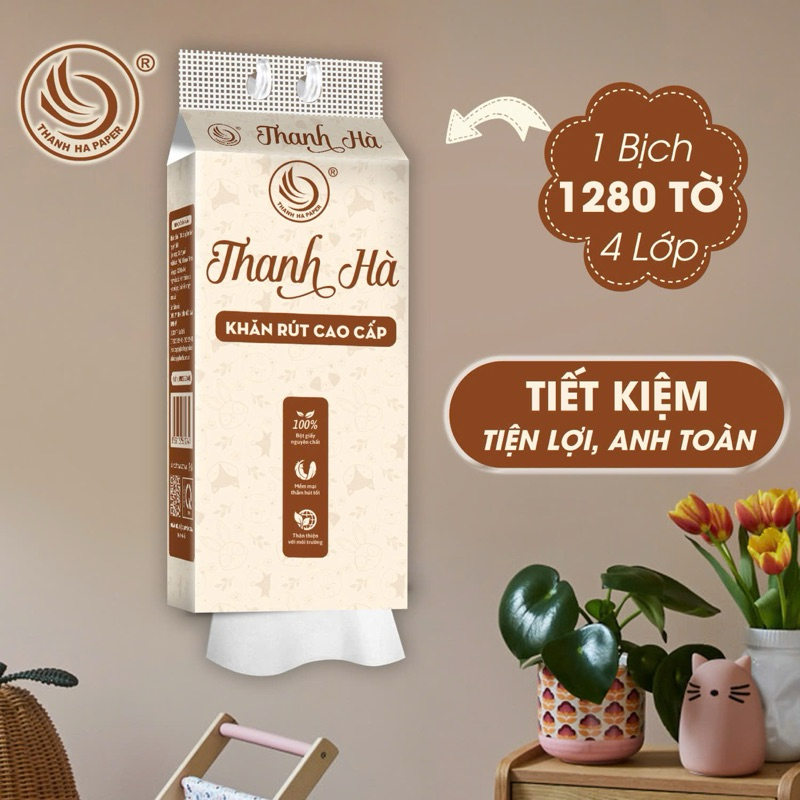 Nâu, ComBo 6 Bịch, Giấy Rút Treo Tường Thanh Hà, 1280 tờ 4 lớp, Tặng 2 Móc Treo Đôi, 140mmx175mm