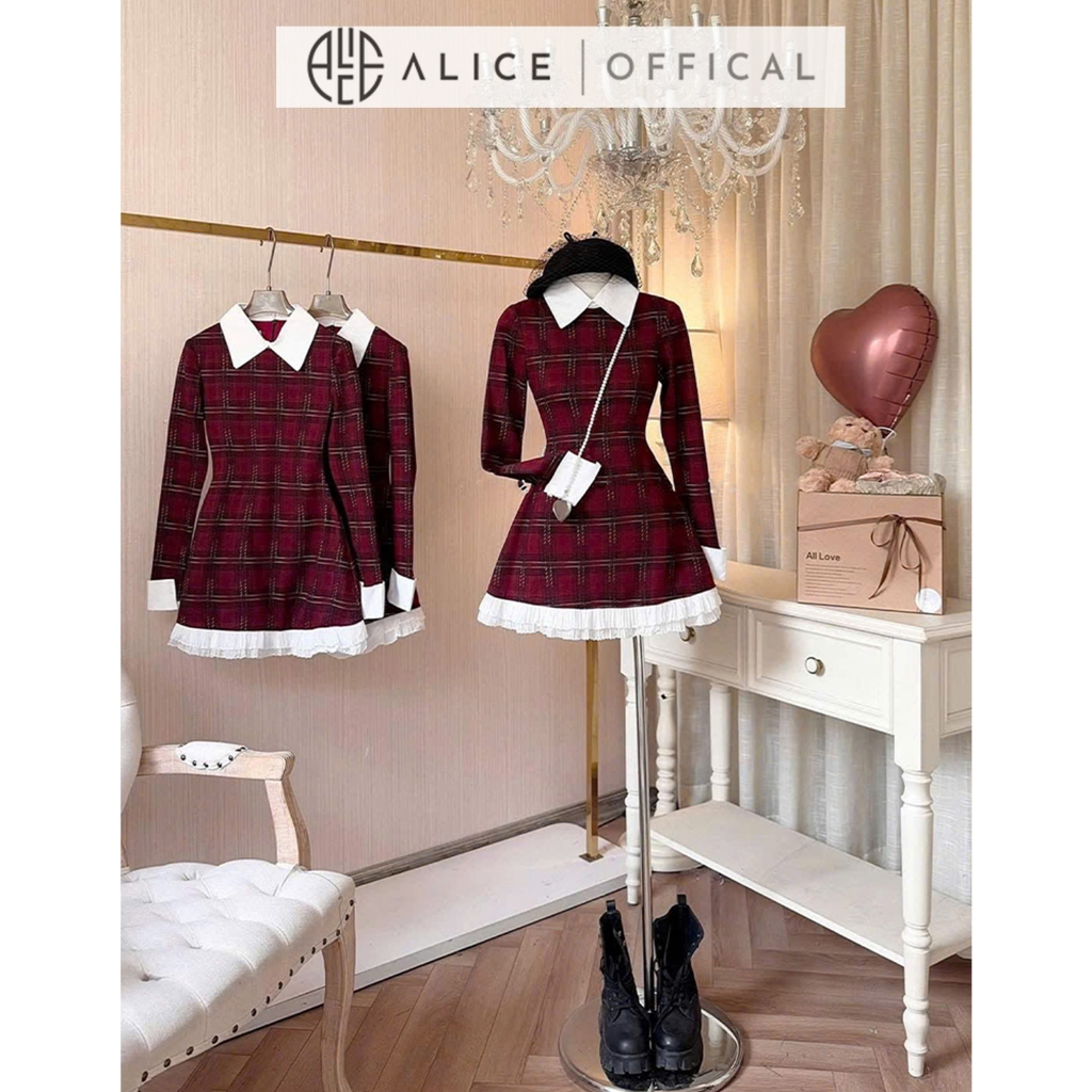 Ảnh Váy Nữ Chất Dạ Kẻ Đỏ Ép Alice, Váy Dáng Ngắn Phối Thô, Cổ Sơ Mi, Tay Áo Dài Phù Hợp Đi Chơi, Dạo Phố V1299 2