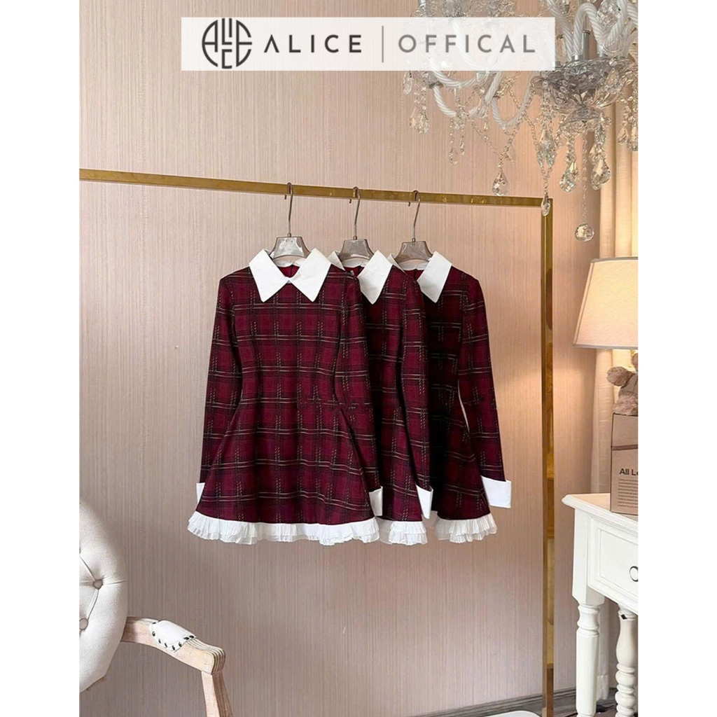 Ảnh Váy Nữ Chất Dạ Kẻ Đỏ Ép Alice, Váy Dáng Ngắn Phối Thô, Cổ Sơ Mi, Tay Áo Dài Phù Hợp Đi Chơi, Dạo Phố V1299 1