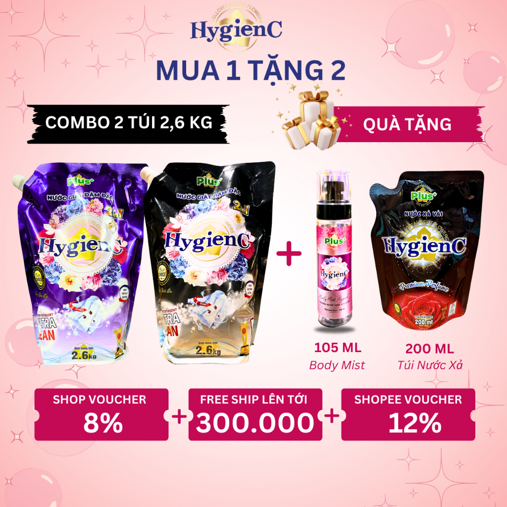 Ảnh Combo 2 Túi Nước Giặt Xả HygienC Plus 2.6Kg/Túi Đậm Đặc Hương Nước Hoa Làm Sạch Vết Bẩn 1