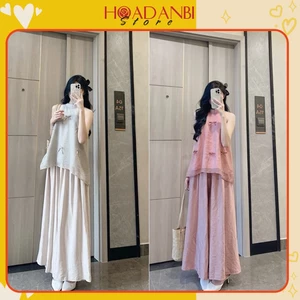 Set quần áo yếm đi chơi, set bộ yếm voan tơ họa tiết kèm quần xuông đũi mềm tiểu thư sang chảnh