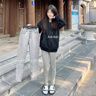 Quần jeans nữ ôm màu khói bạc trơn bản cao cấp có khoá ống , phong cách cá tính Yến Tee #009