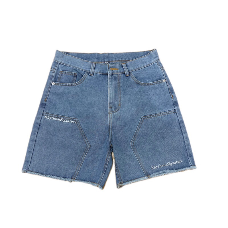 QUẦN SHORT JEANS BẠ TÚI & THÊU TÚI SAU “ R I S” - Unisex Nam Nữ, Form Trên Gối. TMTD42