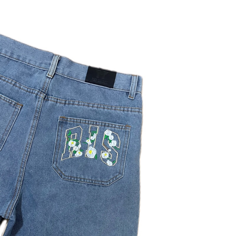 QUẦN SHORT JEANS BẠ TÚI & THÊU TÚI SAU “ R I S” - Unisex Nam Nữ, Form Trên Gối. TMTD42
