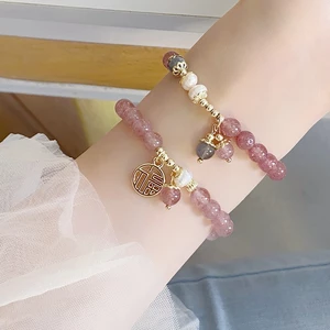 Vòng tay đá pha lê tự nhiên hình tròn may mắn, trái tim cho nữ