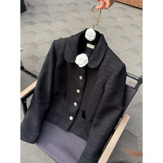 Luci Tweed - Áo tweed đen cổ tròn tag hoa trà - Anne Sudio