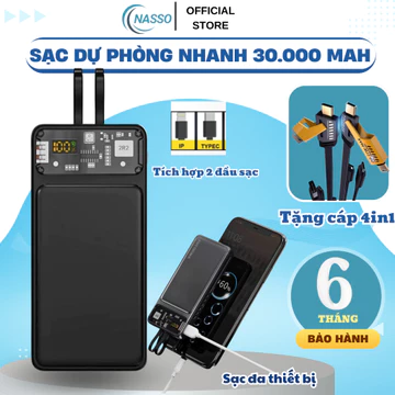 Sạc dự phòng 30.000mAh sạc nhanh chuẩn PD20W Tích hợp Dây Sạc Thích Hợp Mọi Loại Máy Pin sạc dự phòng 30000mAh