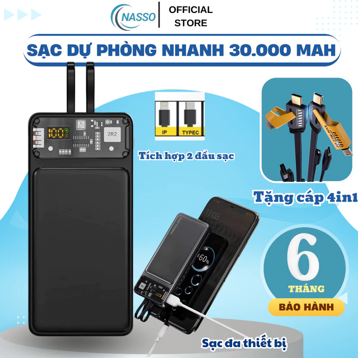 Sạc dự phòng 30.000mAh sạc nhanh chuẩn PD20W Tích hợp Dây Sạc Thích Hợp Mọi Loại Máy Pin sạc dự phòng 30000mAh