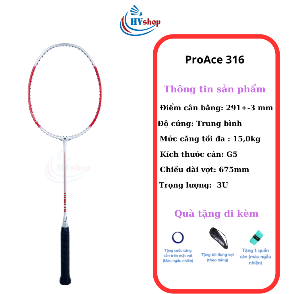 Vợt cầu lông - Vợt Proace Stroke 316 chính hãng, tặng cước căng sẵn, bao đơn và quấn cán - HVShop