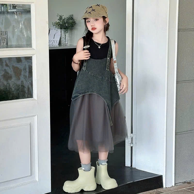Sét yếm jean bé gái mua 1 được 2 gồm yếm rời và váy phối lưới cho mẹ và bé gái 12-55kg,sét yếm Hàn Quốc bé gái