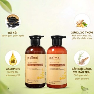 Combo dầu gội và dầu xả thảo dược Mei Mei siêu mượt: hương nhu, gừng, bồ kết 500ml