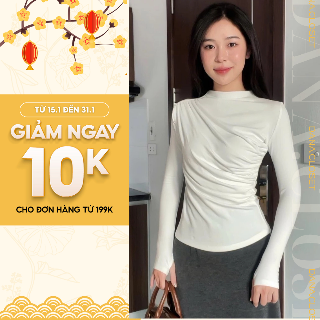 Áo Thun Nữ Tay Dài Cổ Tròn, Kiểu Rúm Eo Tôn Dáng, Chất Liệu Cotton Zip Cao Cấp, Co Giãn 4 Chiều, Mềm Mịn