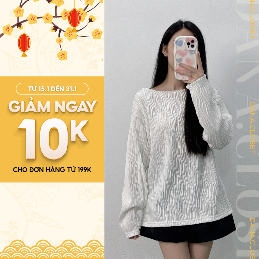 Áo Lệch Vai, Áo Thun Gân Sóng Dài Tay Vải Mềm Form Rộng Cổ Tròn, Thiết Kế Basic Dễ Phối Đồ