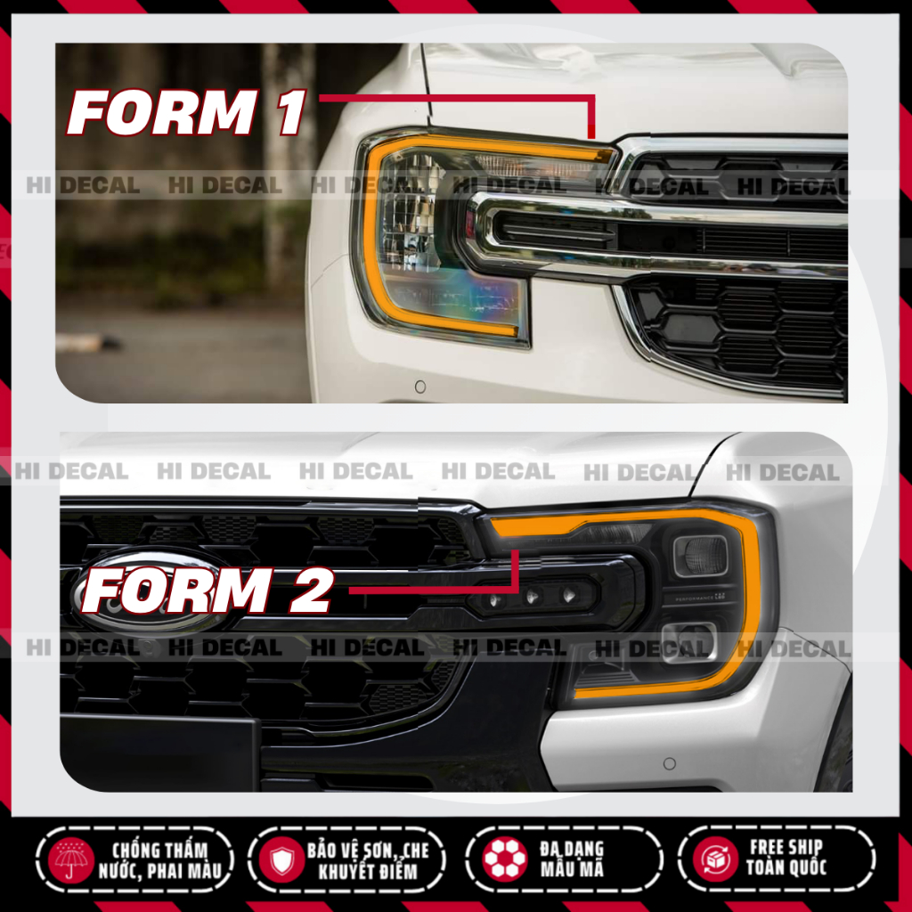 Decal dán đèn Ford Ranger, Ford Everest 2022 - 2025, tem trang trí đèn chống nước bền màu