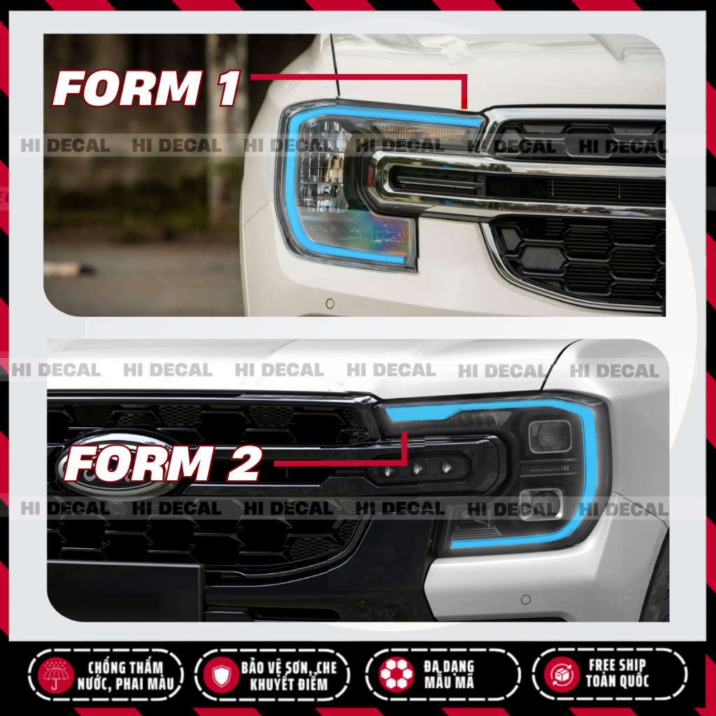 Decal dán đèn Ford Ranger, Ford Everest 2022 - 2025, tem trang trí đèn chống nước bền màu