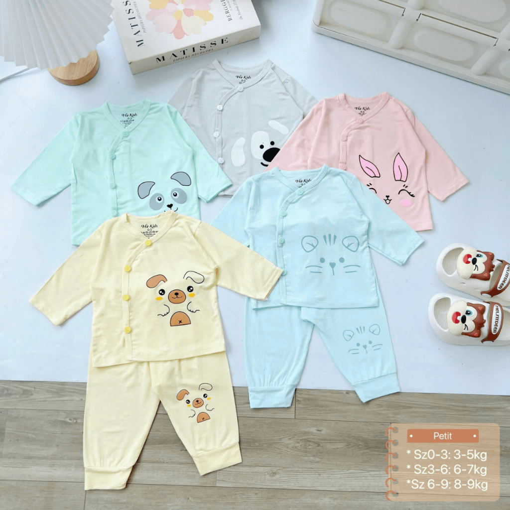 Set 5 Bộ sơ sinh dài tay thun lạnh HH hoạ tiết đơn giản cho bé 0 - 9 tháng [HH-DL04]  Đậu Đậu Store